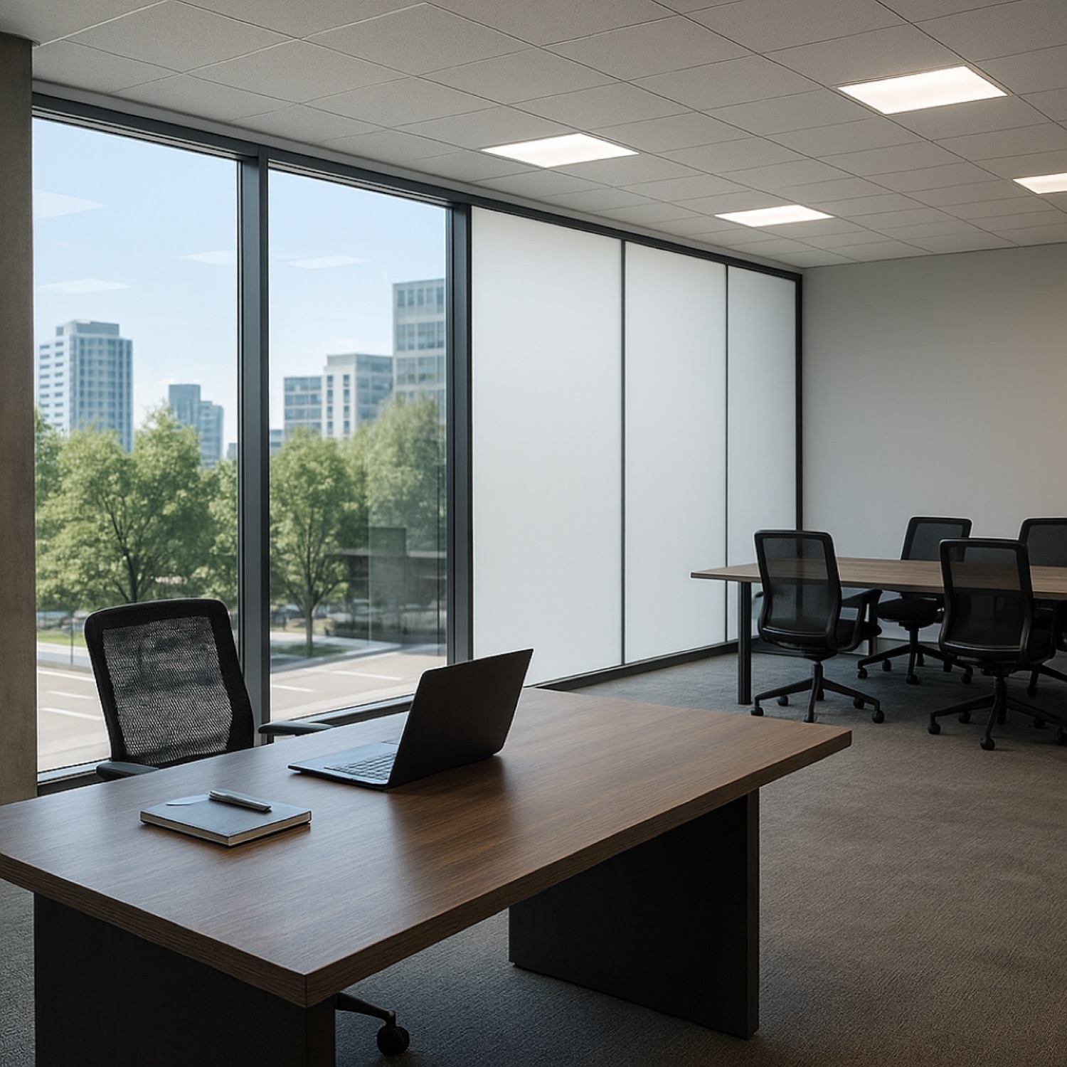 Modern office environment with adaptive glass